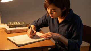 名簿を作っている女性