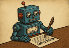 補助金申請書を書いているロボット