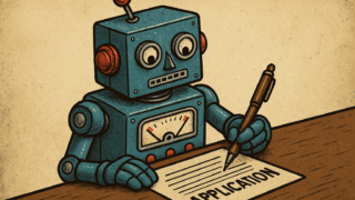 補助金申請書を書いているロボット