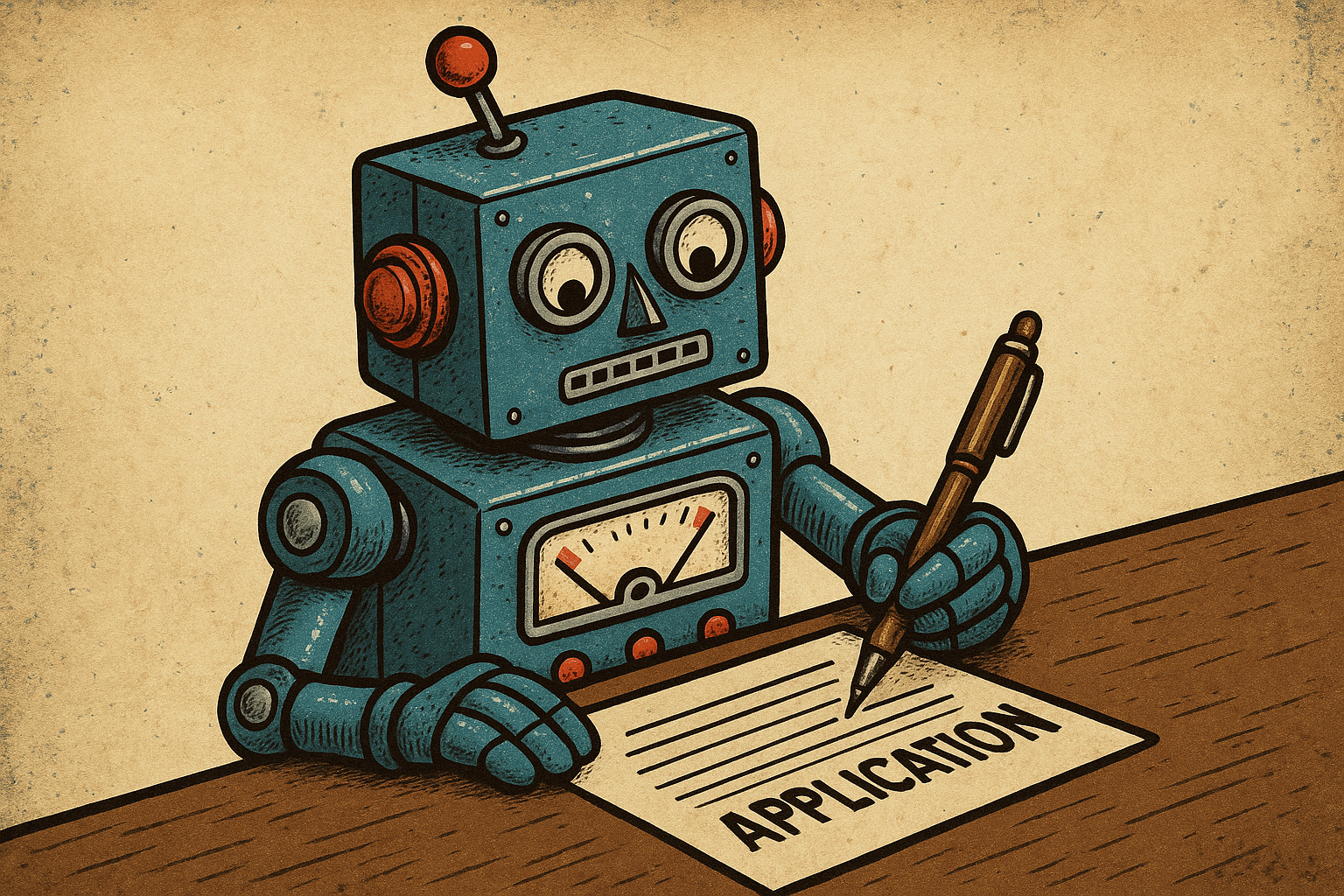 補助金申請書を書いているロボット