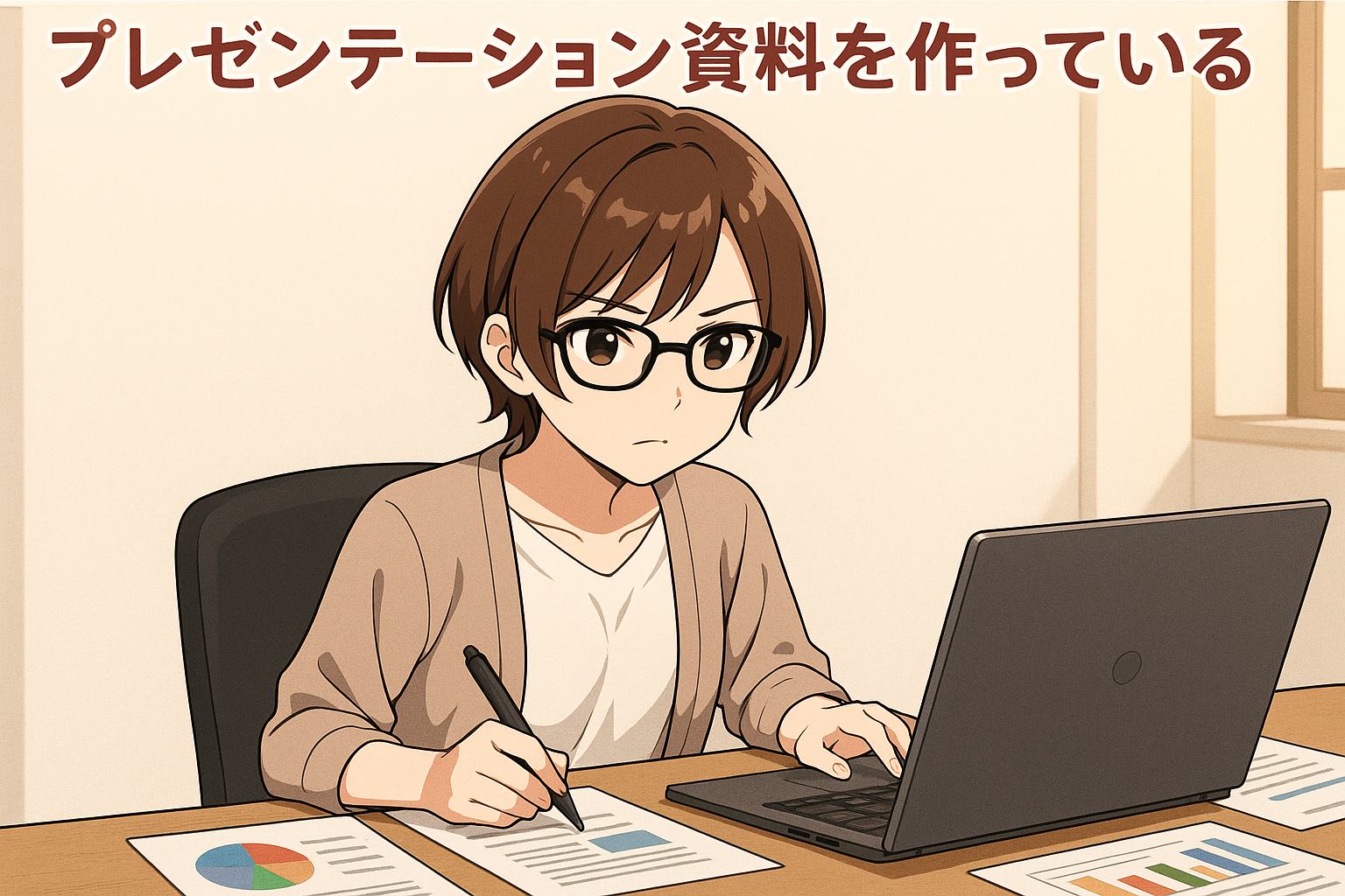 プレゼンテーションを作っている女性