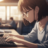 Macのキーボードを必死に叩いているショートカットメガネっ子女子