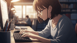Macのキーボードを必死に叩いているショートカットメガネっ子女子