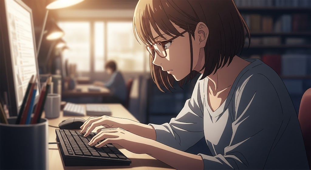 Macのキーボードを必死に叩いているショートカットメガネっ子女子
