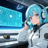 AIロボットと電話している青い髪の女性