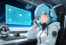 AIロボットと電話している青い髪の女性