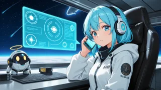 AIロボットと電話している青い髪の女性