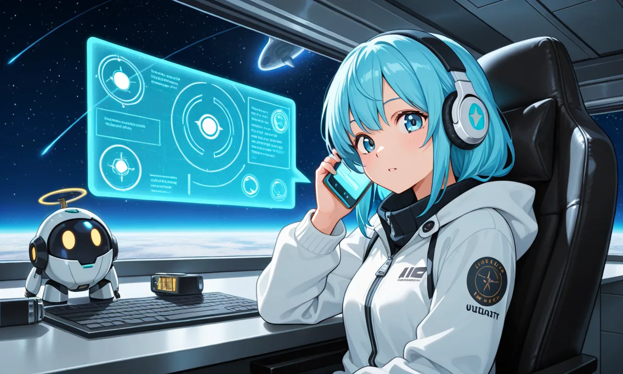 AIロボットと電話している青い髪の女性