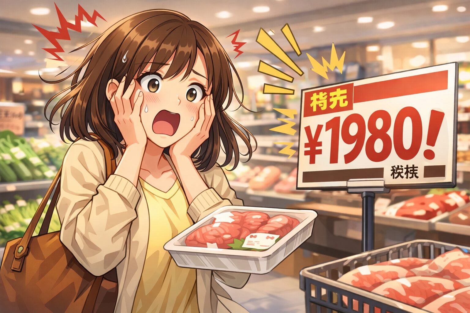 値札を見てびっくりしている女性