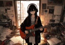 ギターを部屋で引いてるメガネっ子