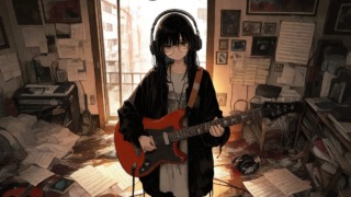ギターを部屋で引いてるメガネっ子