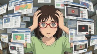 タブを開きすぎてわからなくなっている女性