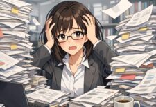 書類に埋もれている女性