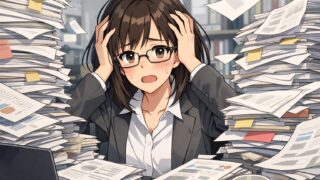 書類に埋もれている女性