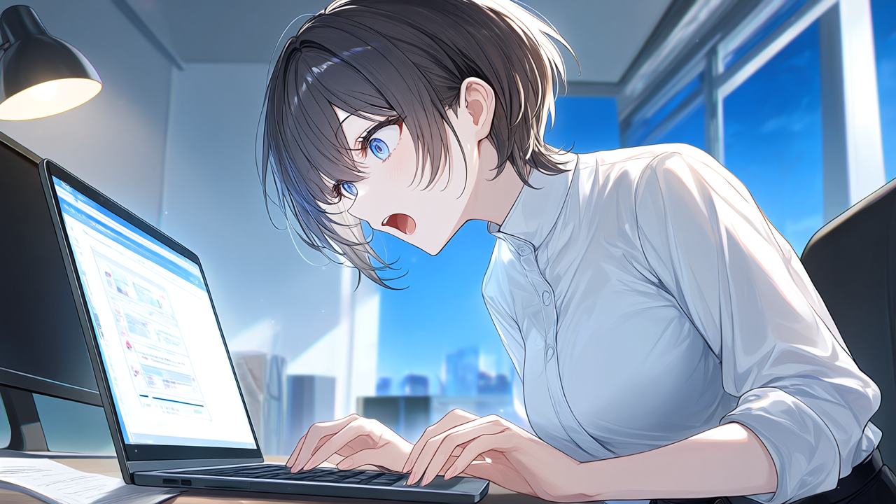 ブラウザを開いてびっくりしている女性