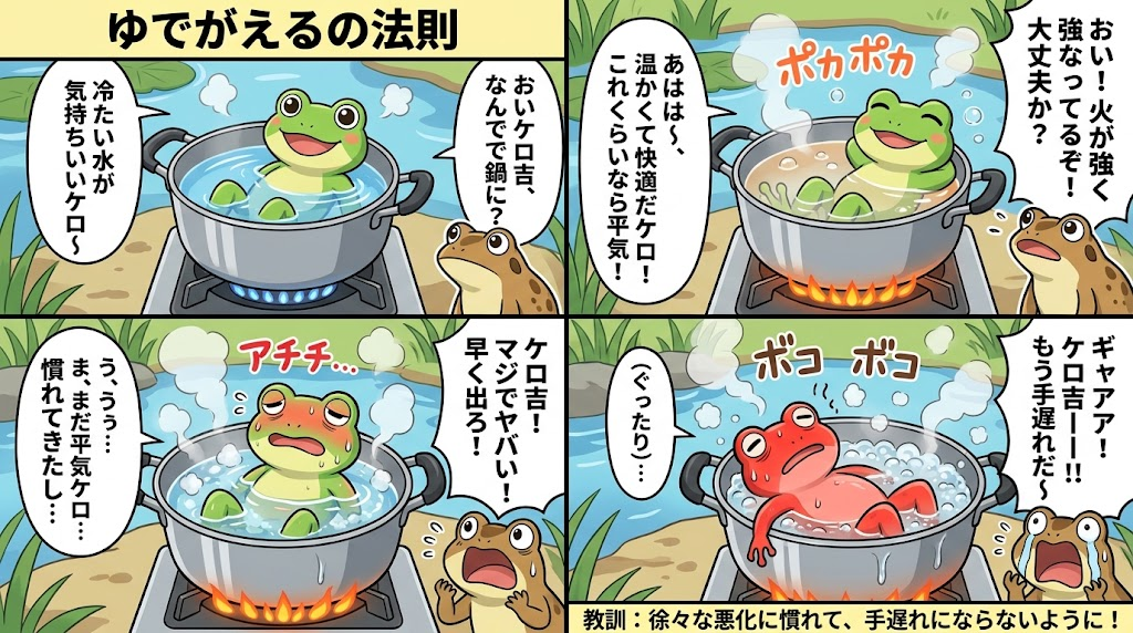 茹でガエルの法則の4コマ漫画